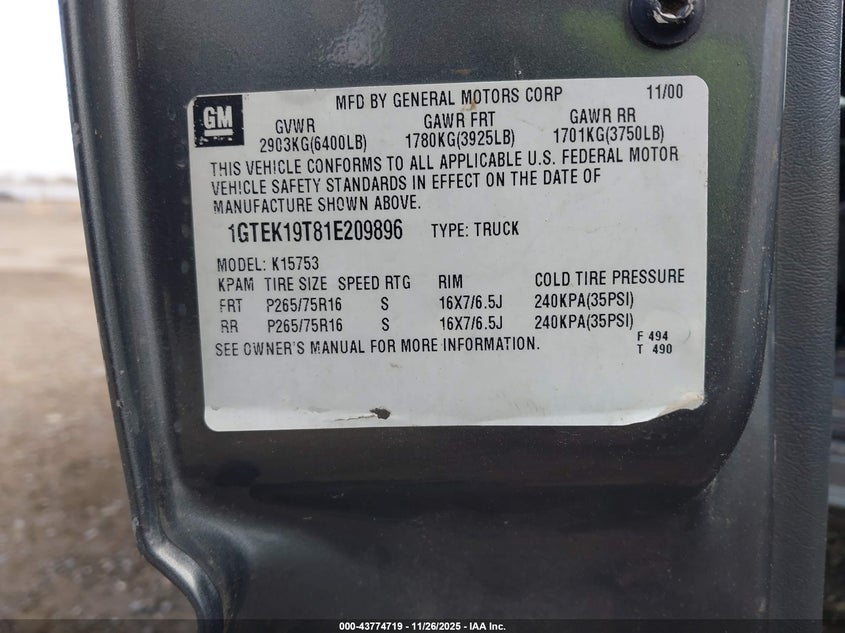2001 GMC Sierra 1500 Sle VIN: 1GTEK19T81E209896 Lot: 43774719