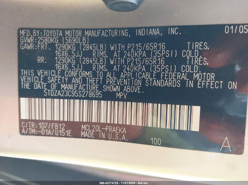 2005 Toyota Sienna Le VIN: 5TDZA23C95S278695 Lot: 43774725