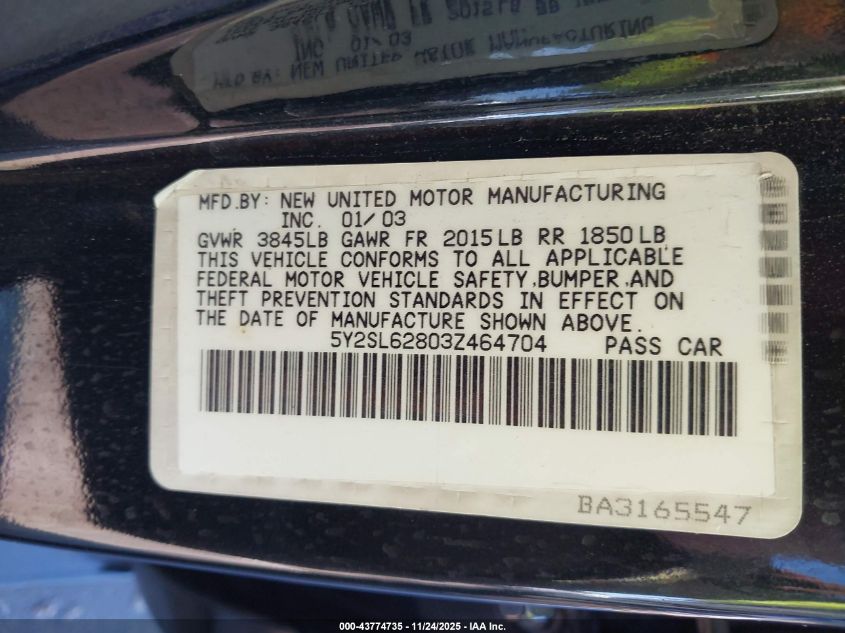 2003 Pontiac Vibe VIN: 5Y2SL62803Z464704 Lot: 43774735