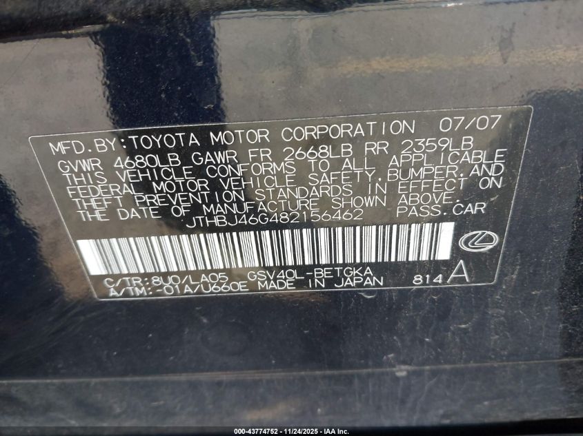 2008 Lexus Es 350 VIN: JTHBJ46G482156462 Lot: 43774752