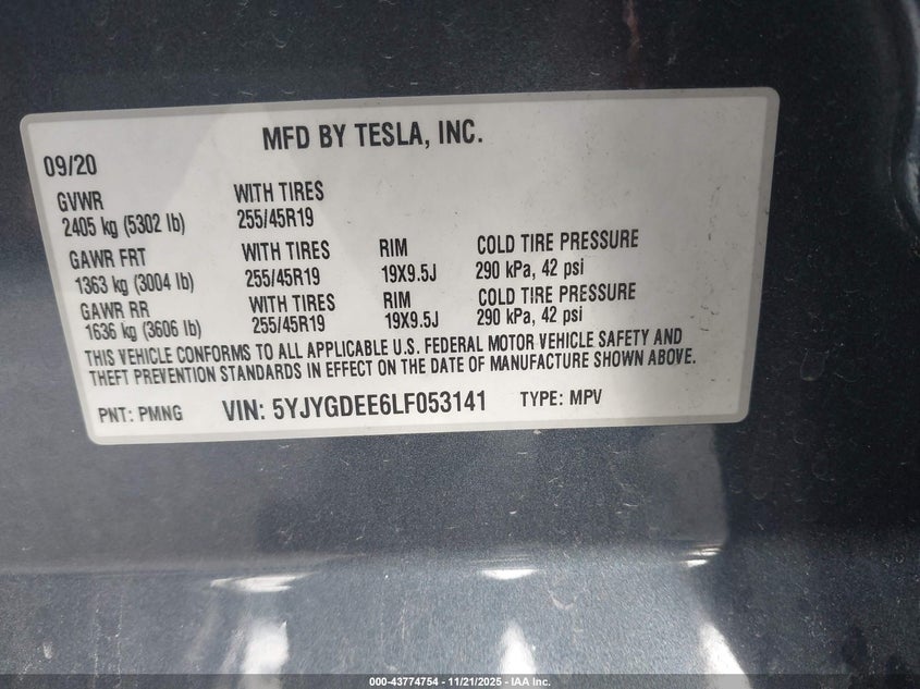 2020 Tesla Model Y Long Range Dual Motor All-Wheel Drive VIN: 5YJYGDEE6LF053141 Lot: 43774754