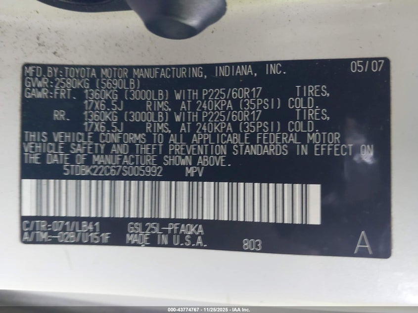 2007 Toyota Sienna Xle Limited VIN: 5TDBK22C67S005992 Lot: 43774767