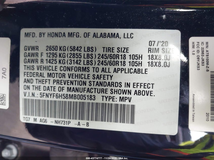 2021 Honda Pilot Awd Ex-L VIN: 5FNYF6H58MB005183 Lot: 43774777
