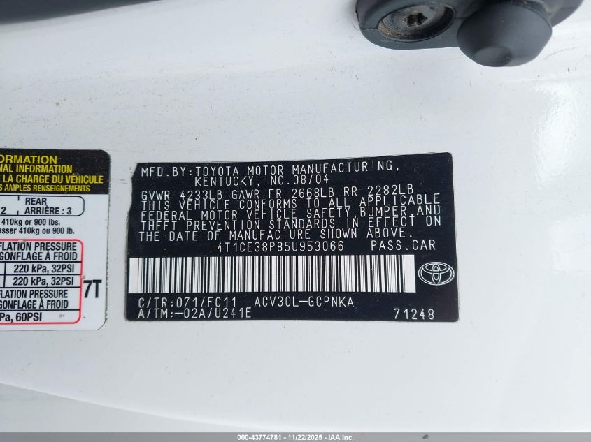 2005 Toyota Camry Solara Se Sport VIN: 4T1CE38P85U953066 Lot: 43774781