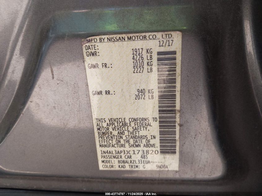 2018 Nissan Altima 2.5 Sl VIN: 1N4AL3AP3JC173820 Lot: 43774787
