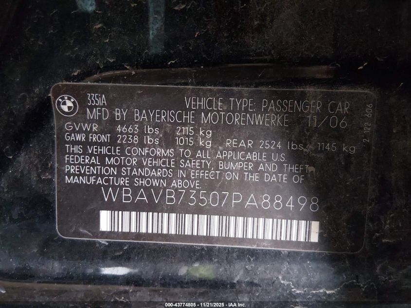2007 BMW 335I VIN: WBAVB73507PA88498 Lot: 43774805