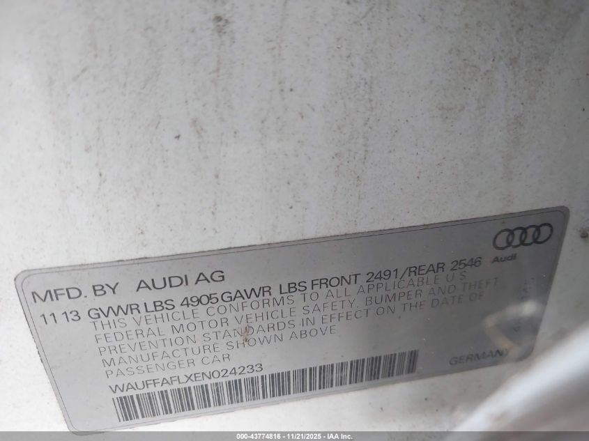 2014 Audi A4 2.0T Premium VIN: WAUFFAFLXEN024233 Lot: 43774816