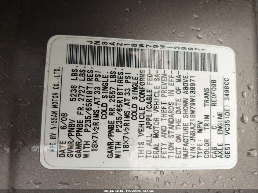 2009 Nissan Murano S VIN: JN8AZ18W79W139971 Lot: 43774818