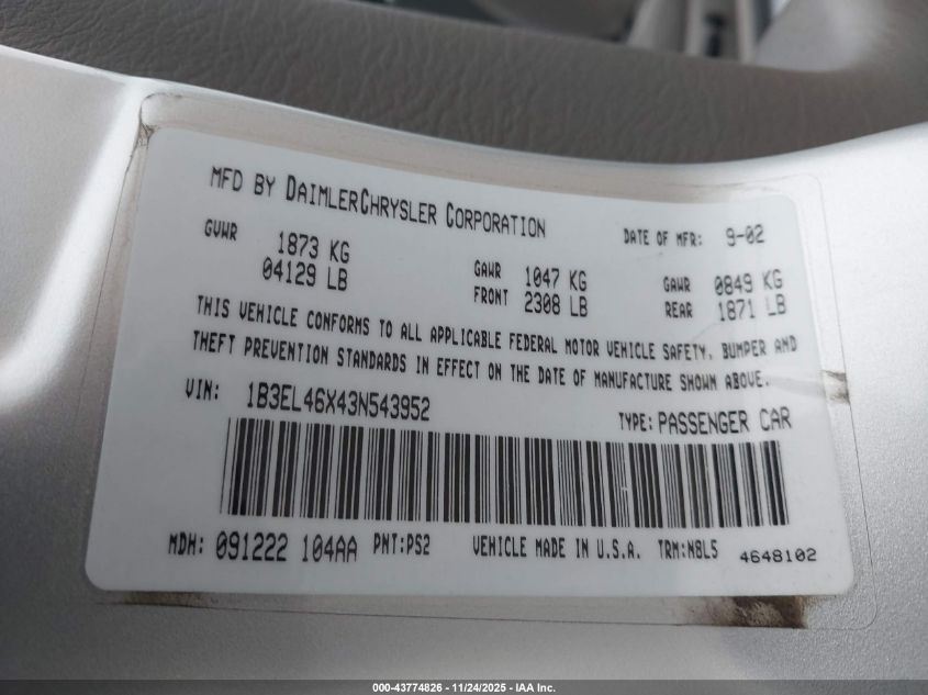 2003 Dodge Stratus Sxt VIN: 1B3EL46X43N543952 Lot: 43774826