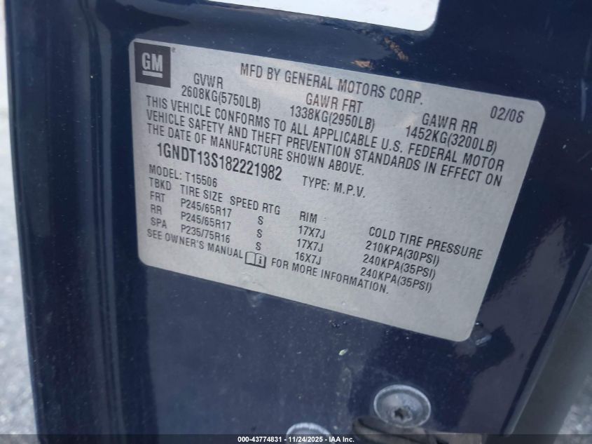 2008 Chevrolet Trailblazer Lt VIN: 1GNDT13S182221982 Lot: 43774831