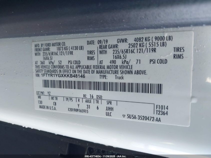 2019 Ford Transit-250 VIN: 1FTYR1YGXKKB48146 Lot: 43774834