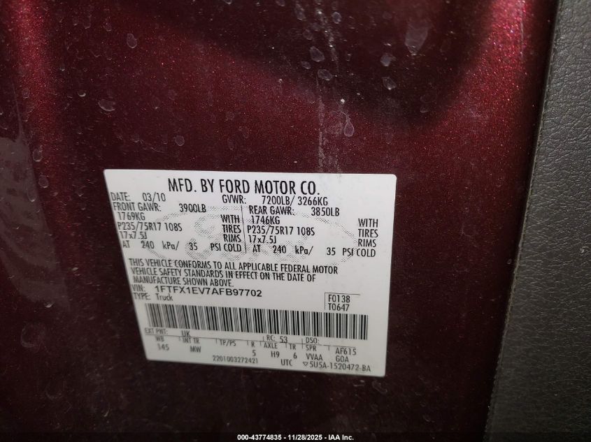 2010 Ford F-150 Fx4/Lariat/Xl/Xlt VIN: 1FTFX1EV7AFB97702 Lot: 43774835