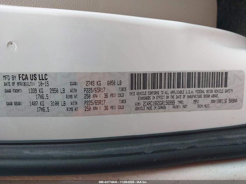 2016 Chrysler Town & Country Touring VIN: 2C4RC1BG5GR156999 Lot: 43774840