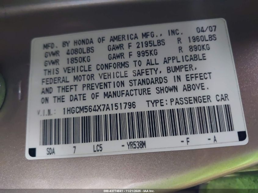 2007 Honda Accord 2.4 Lx VIN: 1HGCM564X7A151796 Lot: 43774841