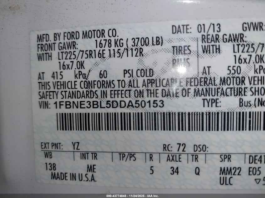 2013 Ford E-350 Super Duty Xlt VIN: 1FBNE3BL5DDA50153 Lot: 43774848