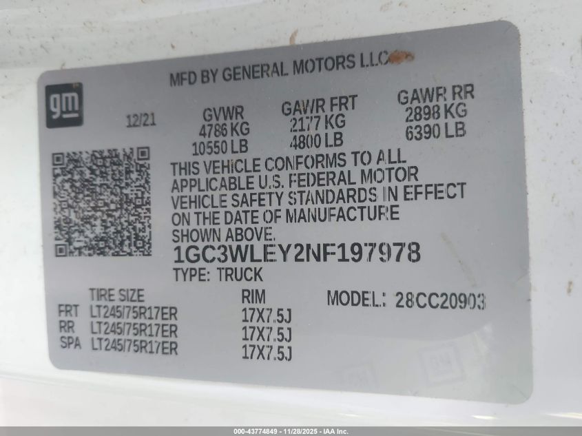2022 Chevrolet Silverado 2500Hd 2Wd Long Bed Wt VIN: 1GC3WLEY2NF197978 Lot: 43774849