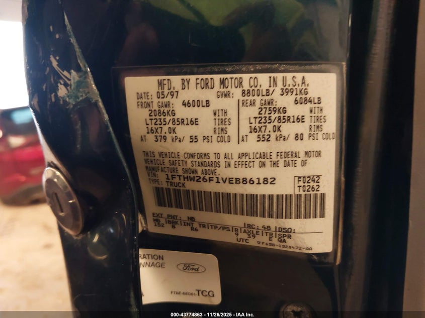 1997 Ford F-250 Xl VIN: 1FTHW26F1VEB86182 Lot: 43774863