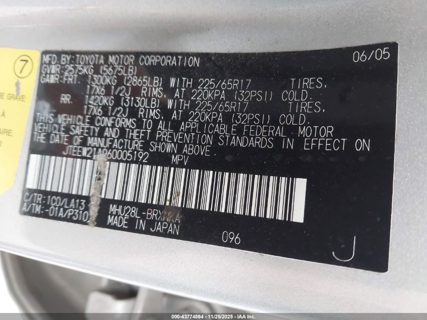 2006 Toyota Highlander Hybrid Limited V6 VIN: JTEEW21A960005192 Lot: 43774864