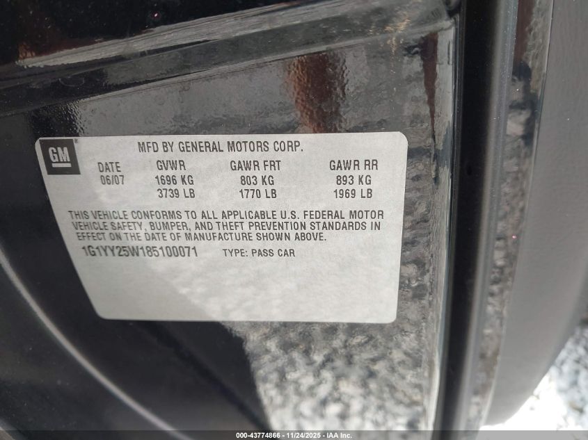 2008 Chevrolet Corvette VIN: 1G1YY25W185100071 Lot: 43774866