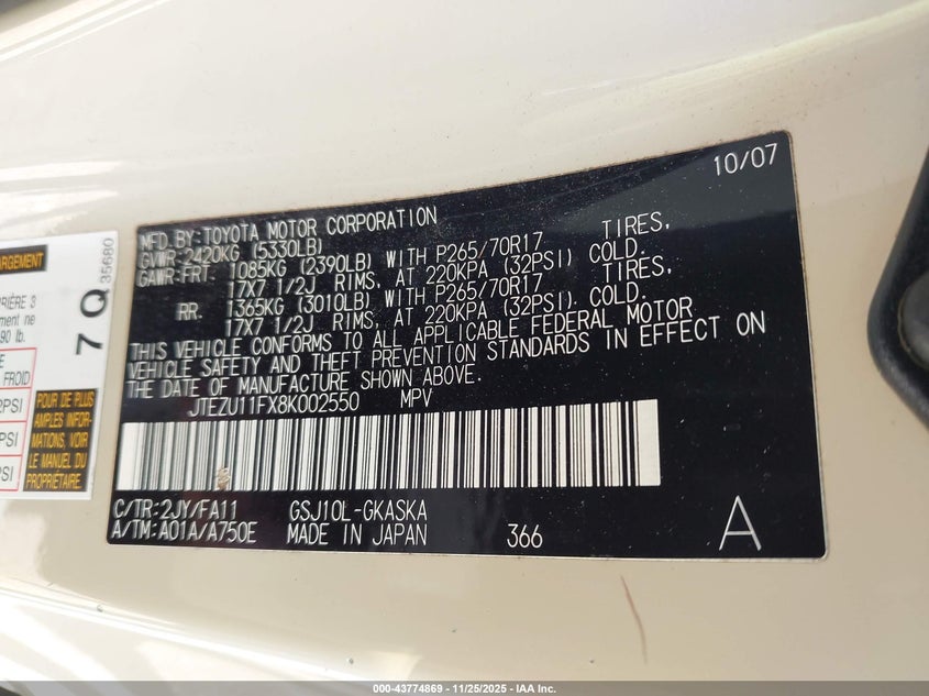 2008 Toyota Fj Cruiser VIN: JTEZU11FX8K002550 Lot: 43774869