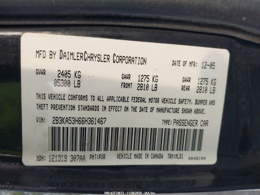 2006 Dodge Charger Rt VIN: 2B3KA53H66H361467 Lot: 43774873
