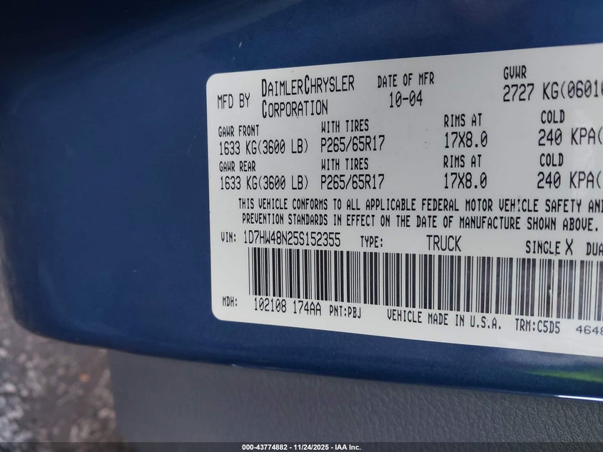 2005 Dodge Dakota Slt VIN: 1D7HW48N25S152355 Lot: 43774882