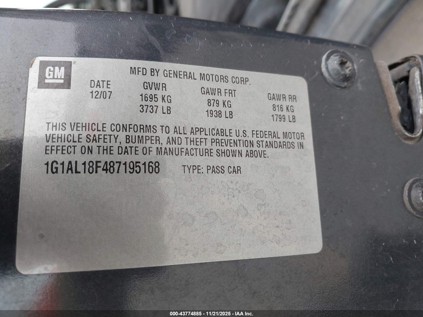 2008 Chevrolet Cobalt Lt VIN: 1G1AL18F487195168 Lot: 43774885