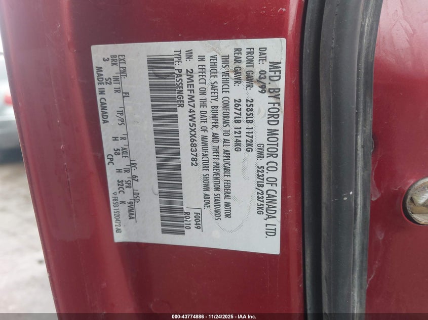 1999 Mercury Grand Marquis Gs VIN: 2MEFM74W5XX683782 Lot: 43774886