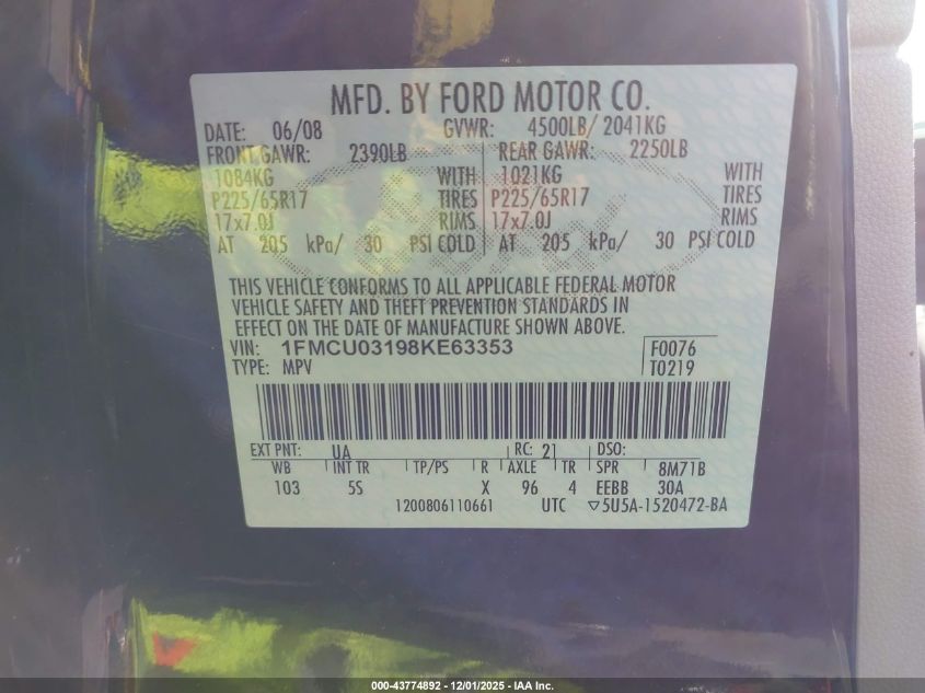 2008 Ford Escape Xlt VIN: 1FMCU03198KE63353 Lot: 43774892