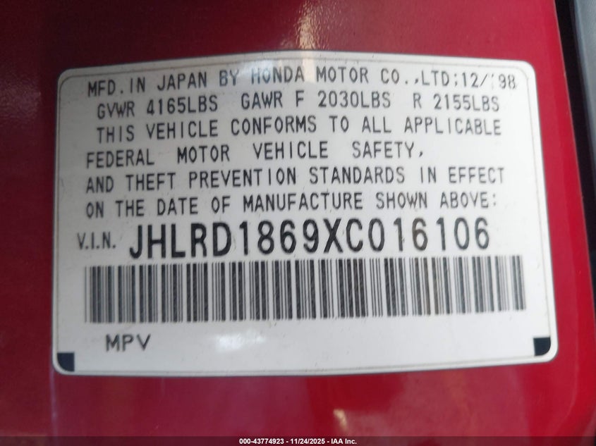 1999 Honda Cr-V Ex VIN: JHLRD1869XC016106 Lot: 43774923
