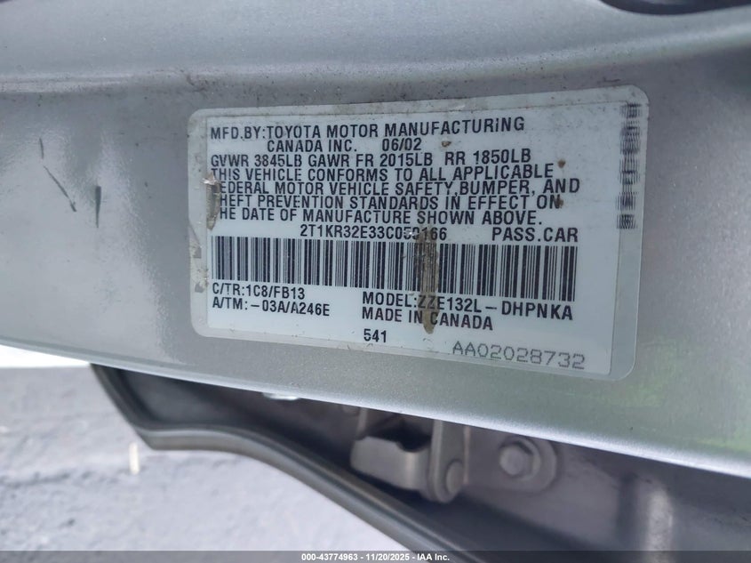 2003 Toyota Matrix Xr VIN: 2T1KR32E33C050166 Lot: 43774963