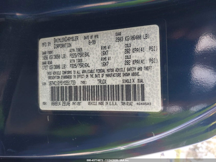 2000 Dodge Ram 1500 St VIN: 1B7HC16Y5YS551733 Lot: 43774973