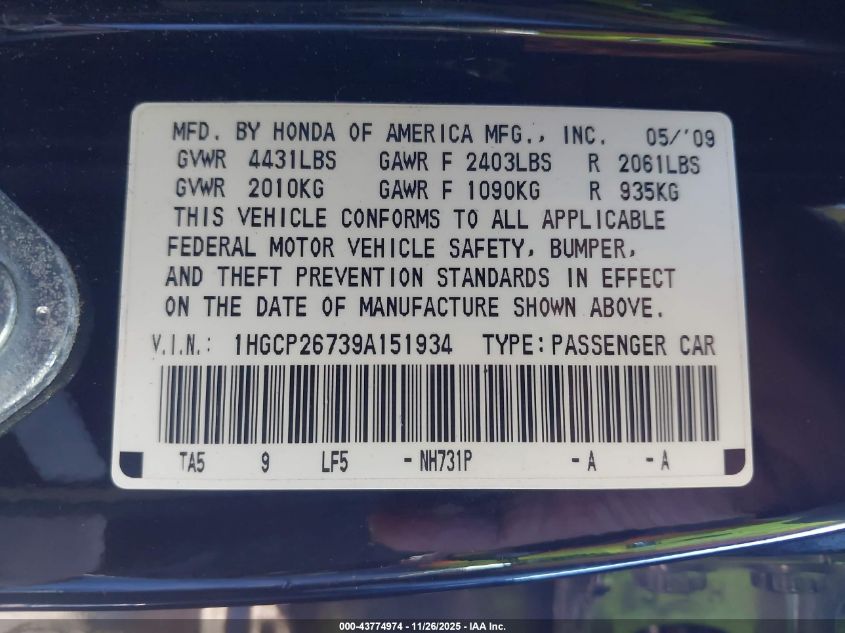 2009 Honda Accord 2.4 Ex VIN: 1HGCP26739A151934 Lot: 43774974