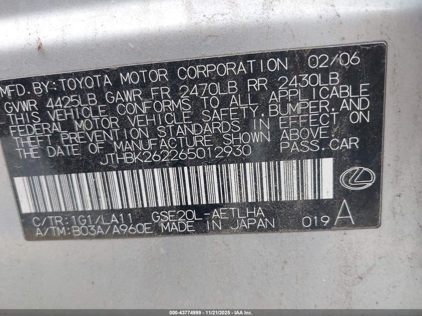 2006 Lexus Is 250 VIN: JTHBK262265012930 Lot: 43774999