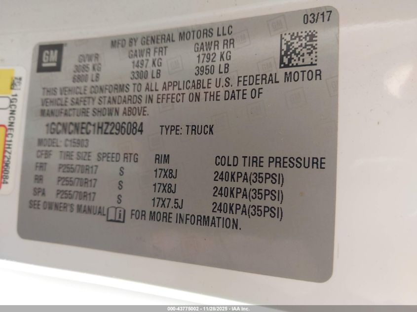 2017 Chevrolet Silverado 1500 Wt VIN: 1GCNCNEC1HZ296084 Lot: 43775002