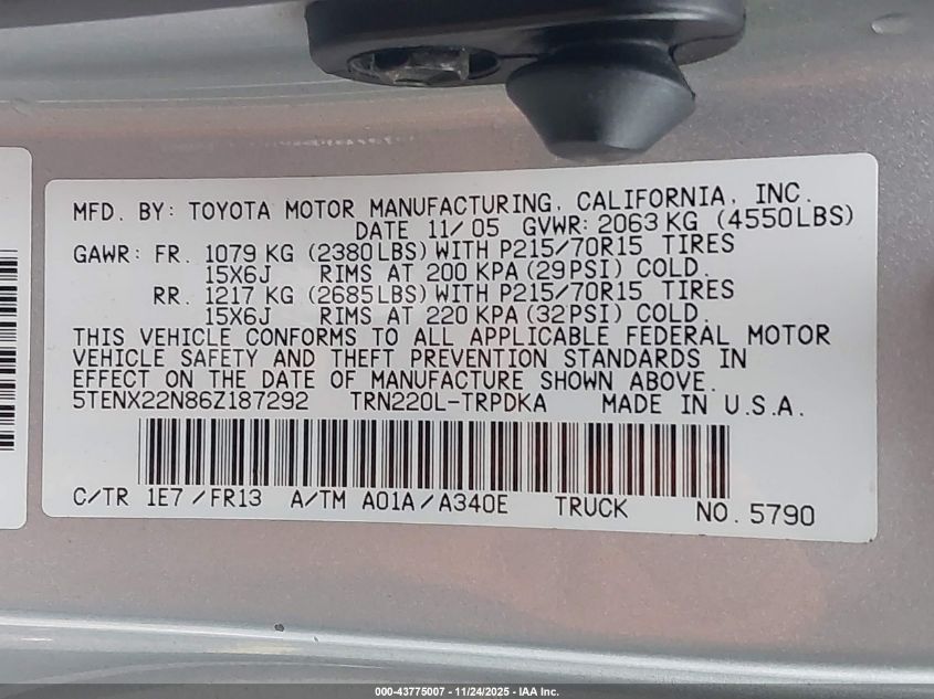 2006 Toyota Tacoma VIN: 5TENX22N86Z187292 Lot: 43775007
