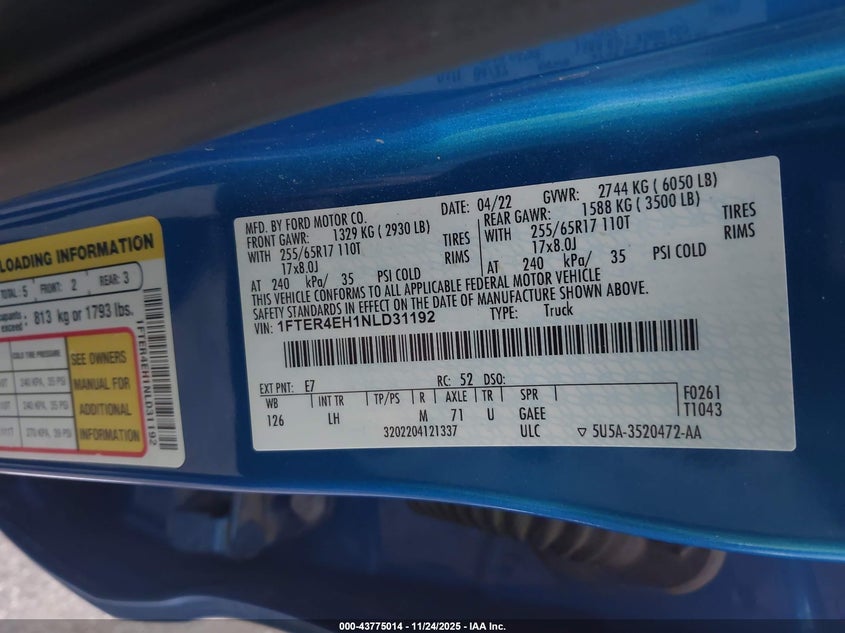 2022 Ford Ranger Xlt VIN: 1FTER4EH1NLD31192 Lot: 43775014