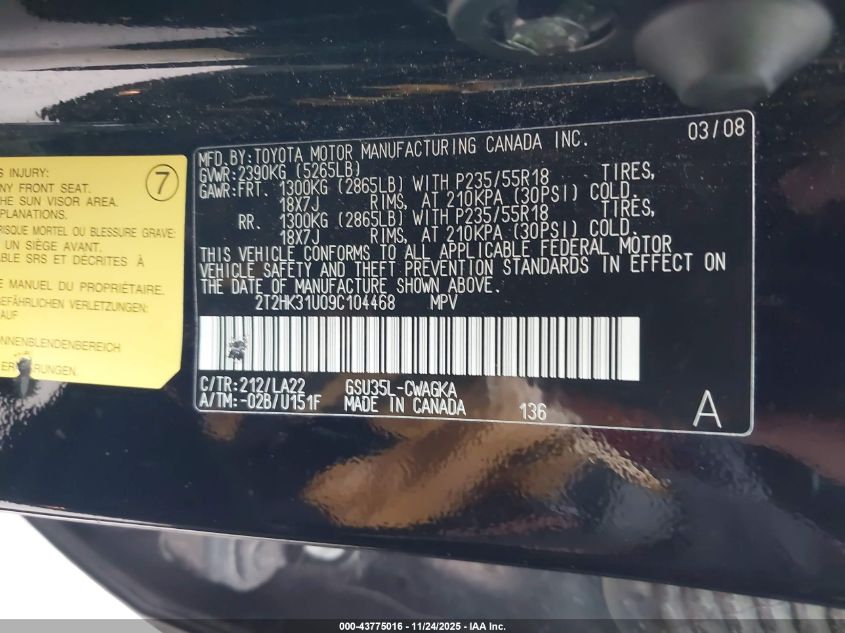 2009 Lexus Rx 350 VIN: 2T2HK31U09C104468 Lot: 43775016