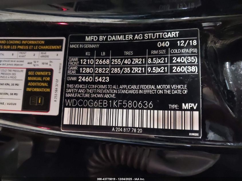 2019 Mercedes-Benz Amg Glc 43 4Matic VIN: WDC0G6EB1KF580636 Lot: 43775019