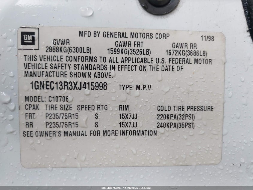 1999 Chevrolet Tahoe Ls VIN: 1GNEC13R3XJ415998 Lot: 43775026