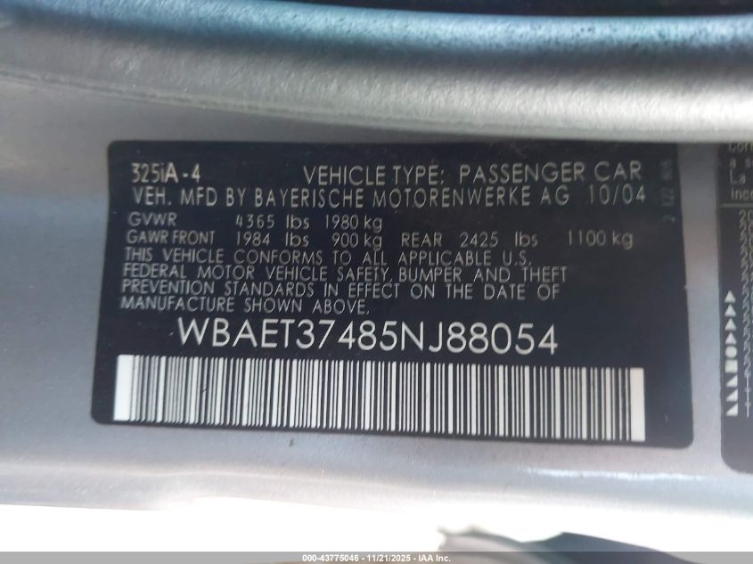 2005 BMW 325I VIN: WBAET37485NJ88054 Lot: 43775046