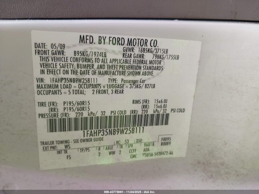 2009 Ford Focus VIN: 1FAHT35N89W258111 Lot: 43775061