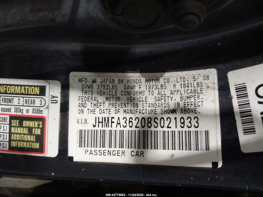 2008 Honda Civic Hybrid VIN: JHMFA36208S021933 Lot: 43775082