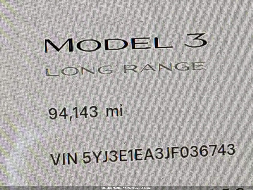 2018 Tesla Model 3 Long Range/Mid Range VIN: 5YJ3E1EA3JF036743 Lot: 43775096