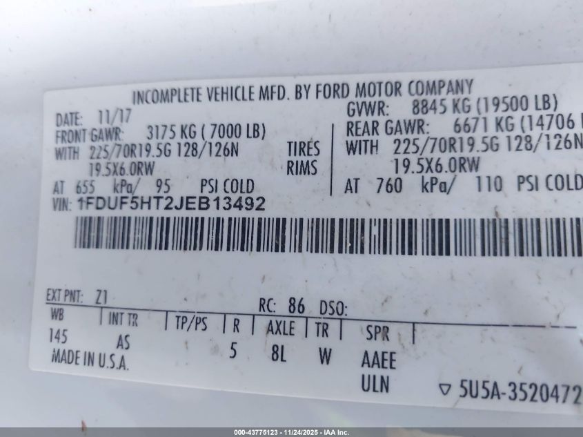 2018 Ford F-550 Chassis Xl VIN: 1FDUF5HT2JEB13492 Lot: 43775123