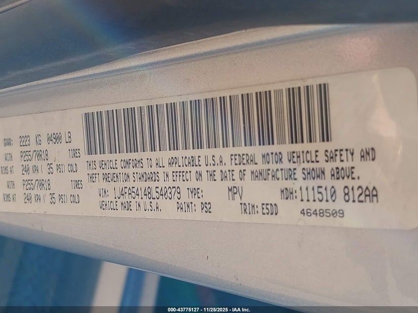 2008 Jeep Wrangler Sahara VIN: 1J4FA54148L540379 Lot: 43775127