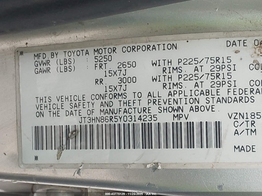 2000 Toyota 4Runner Sr5 V6 VIN: JT3HN86R5Y0314235 Lot: 43775129
