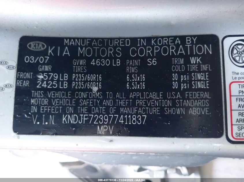 2007 Kia Sportage Lx V6 VIN: KNDJF723977411837 Lot: 43775136