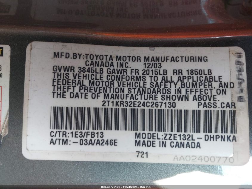 2004 Toyota Matrix Xr VIN: 2T1KR32E24C267130 Lot: 43775172