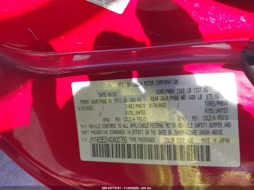 2004 Mazda Mx-5 Miata Ls VIN: JM1NB353X40400769 Lot: 43775181
